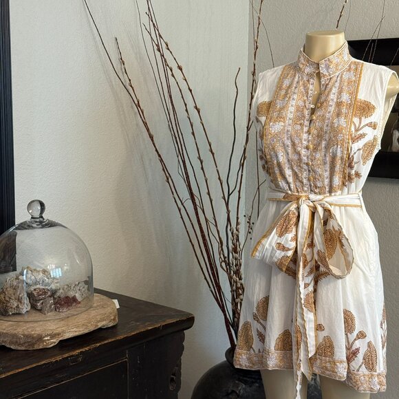 SUE SARTOR Hand Made Block Printed Brown&Cream Floral&Vines FLOUNCE DR. - Picture 10 of 12